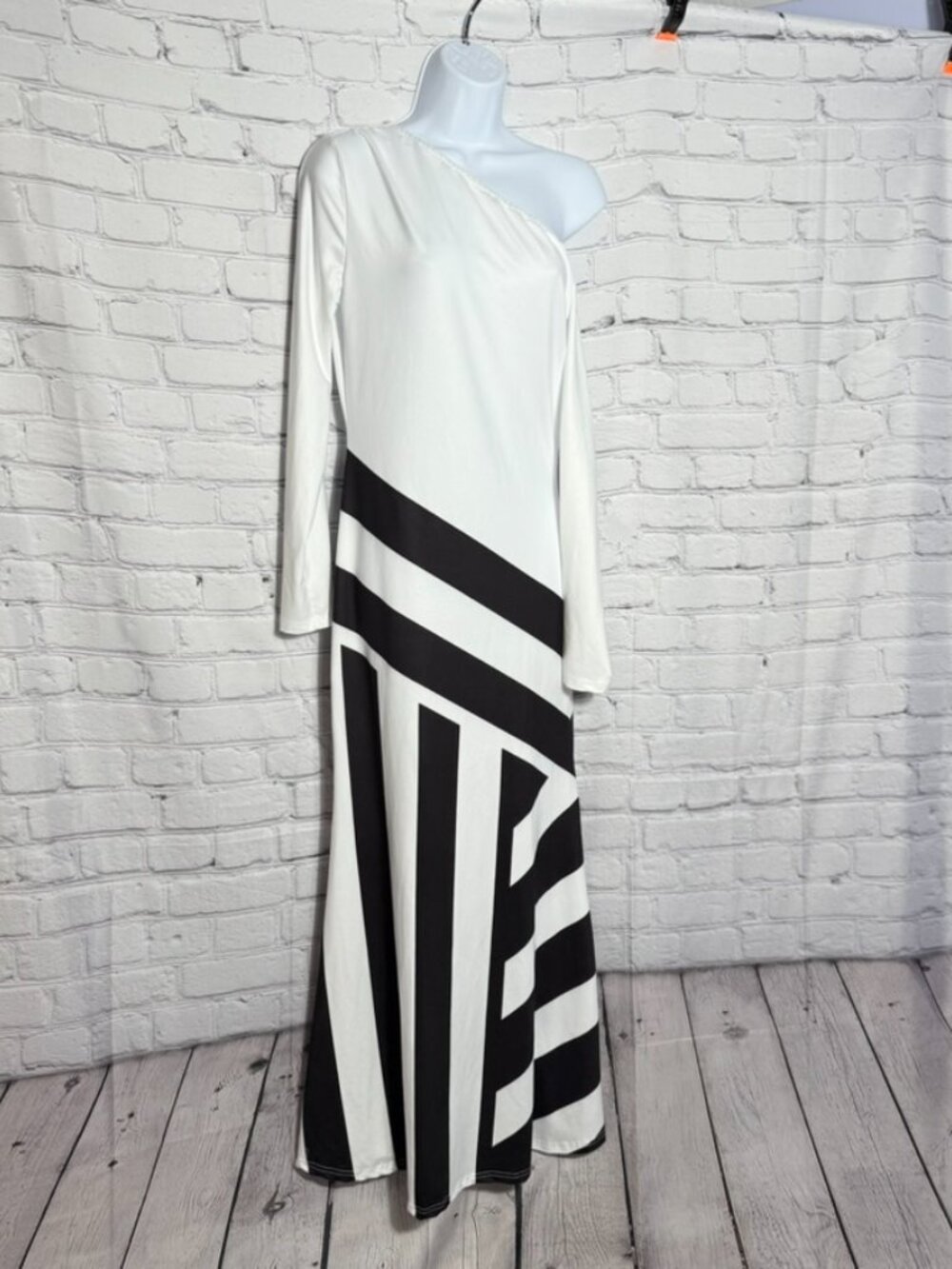 SHEIN Size Small One Shoulder Maxi Dress Black White Abstract Geometric Stretch - Picture 3 of 5